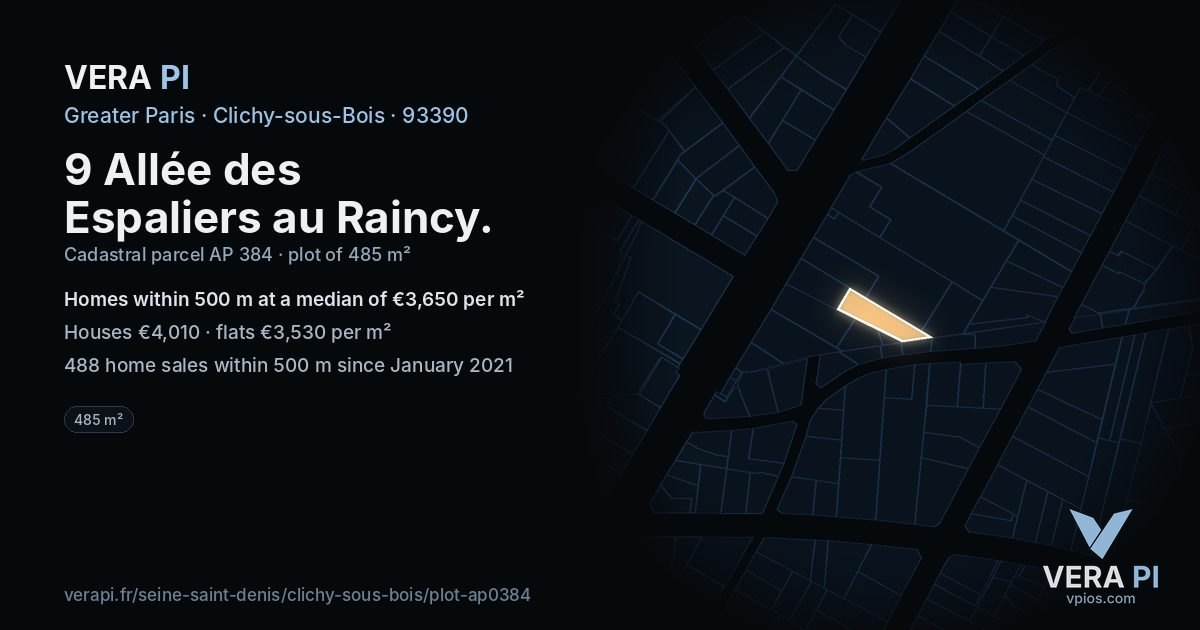 9 Allée des Espaliers au Raincy, Clichy-sous-Bois at night – the plot lit, the parcels around coloured by the prices near them