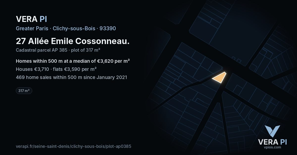 27 Allée Emile Cossonneau, Clichy-sous-Bois at night – the plot lit, the parcels around coloured by the prices near them