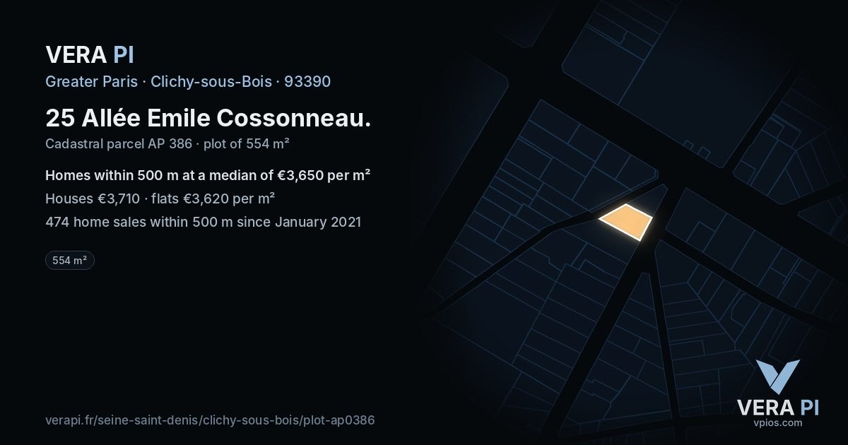 25 Allée Emile Cossonneau, Clichy-sous-Bois at night – the plot lit, the parcels around coloured by the prices near them