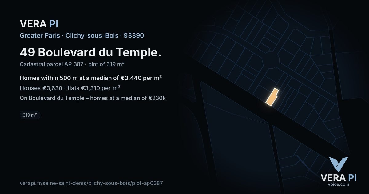 49 Boulevard du Temple, Clichy-sous-Bois at night – the plot lit, the parcels around coloured by the prices near them