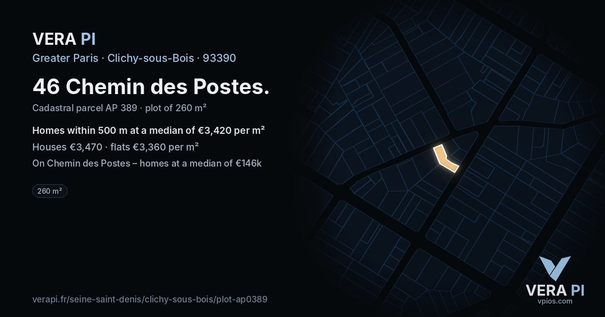46 Chemin des Postes, Clichy-sous-Bois at night – the plot lit, the parcels around coloured by the prices near them