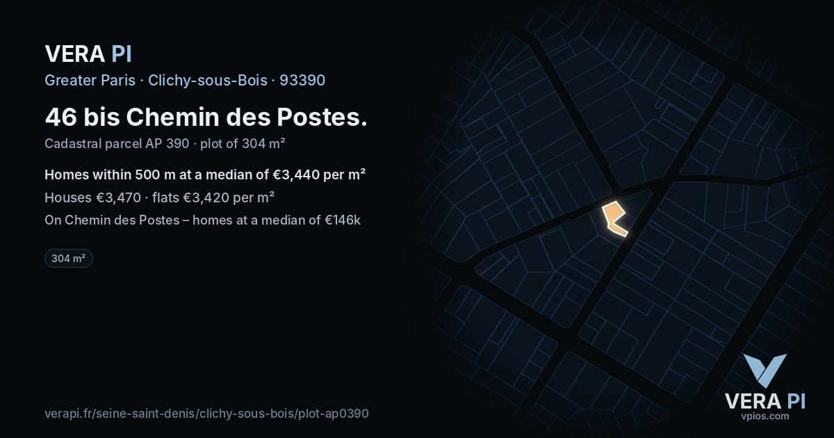 46 bis Chemin des Postes, Clichy-sous-Bois at night – the plot lit, the parcels around coloured by the prices near them