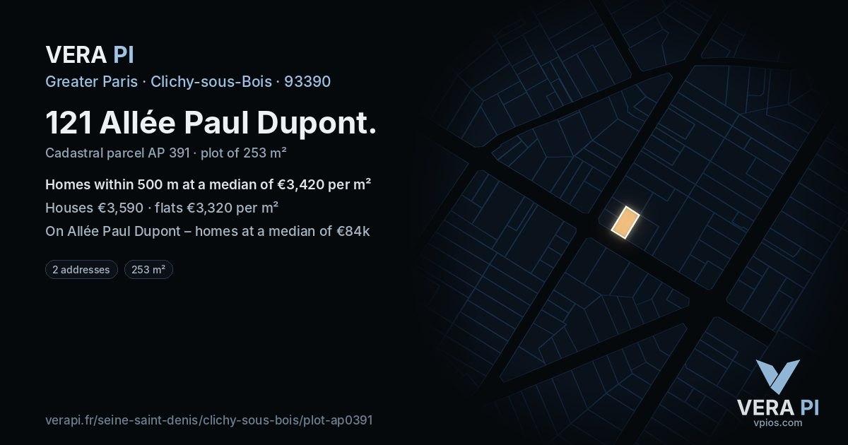 121 Allée Paul Dupont, Clichy-sous-Bois at night – the plot lit, the parcels around coloured by the prices near them