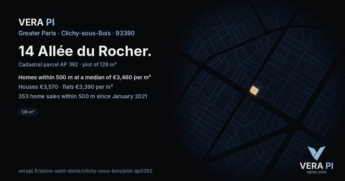 14 Allée du Rocher, Clichy-sous-Bois at night – the plot lit, the parcels around coloured by the prices near them