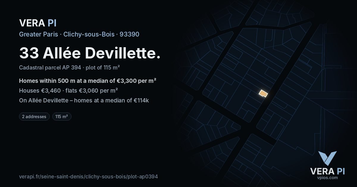 33 Allée Devillette, Clichy-sous-Bois at night – the plot lit, the parcels around coloured by the prices near them