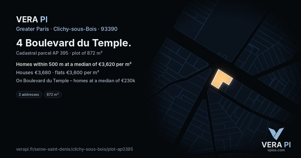 4 Boulevard du Temple, Clichy-sous-Bois at night – the plot lit, the parcels around coloured by the prices near them