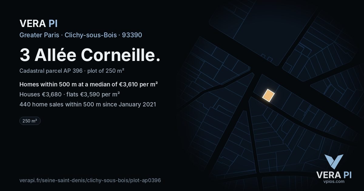 3 Allée Corneille, Clichy-sous-Bois at night – the plot lit, the parcels around coloured by the prices near them