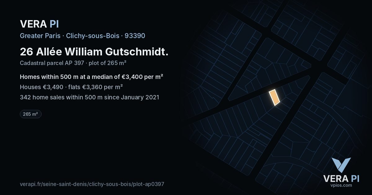 26 Allée William Gutschmidt, Clichy-sous-Bois at night – the plot lit, the parcels around coloured by the prices near them