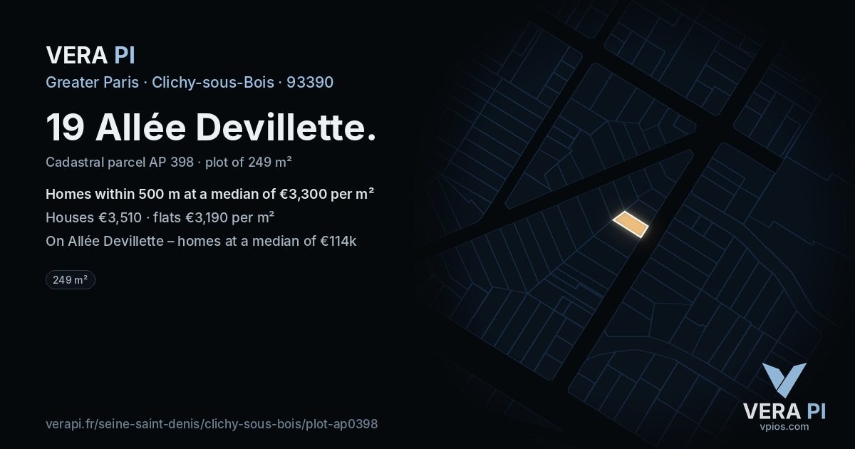 19 Allée Devillette, Clichy-sous-Bois at night – the plot lit, the parcels around coloured by the prices near them