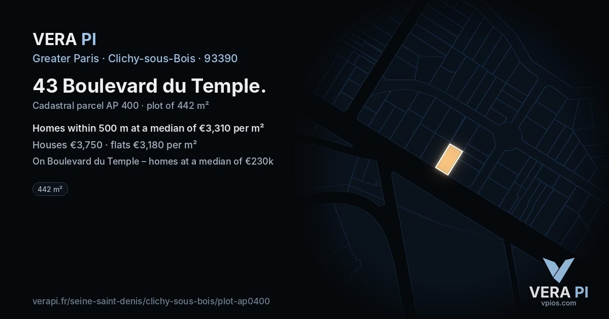 43 Boulevard du Temple, Clichy-sous-Bois at night – the plot lit, the parcels around coloured by the prices near them