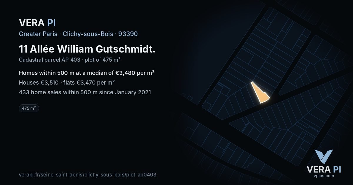 11 Allée William Gutschmidt, Clichy-sous-Bois at night – the plot lit, the parcels around coloured by the prices near them
