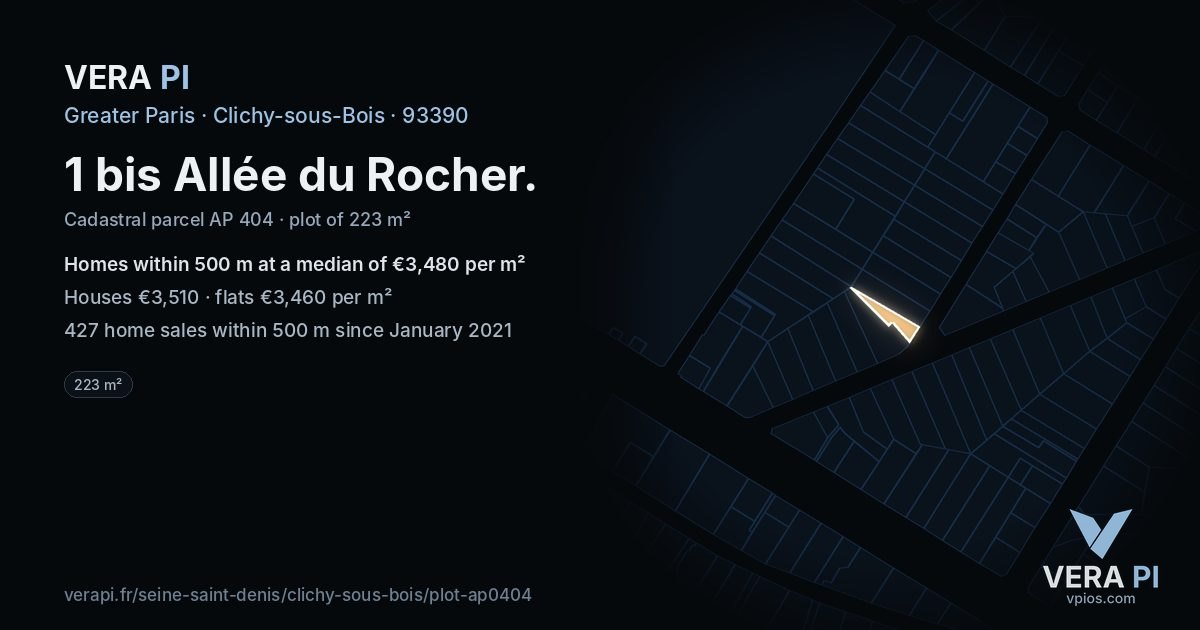 1 bis Allée du Rocher, Clichy-sous-Bois at night – the plot lit, the parcels around coloured by the prices near them