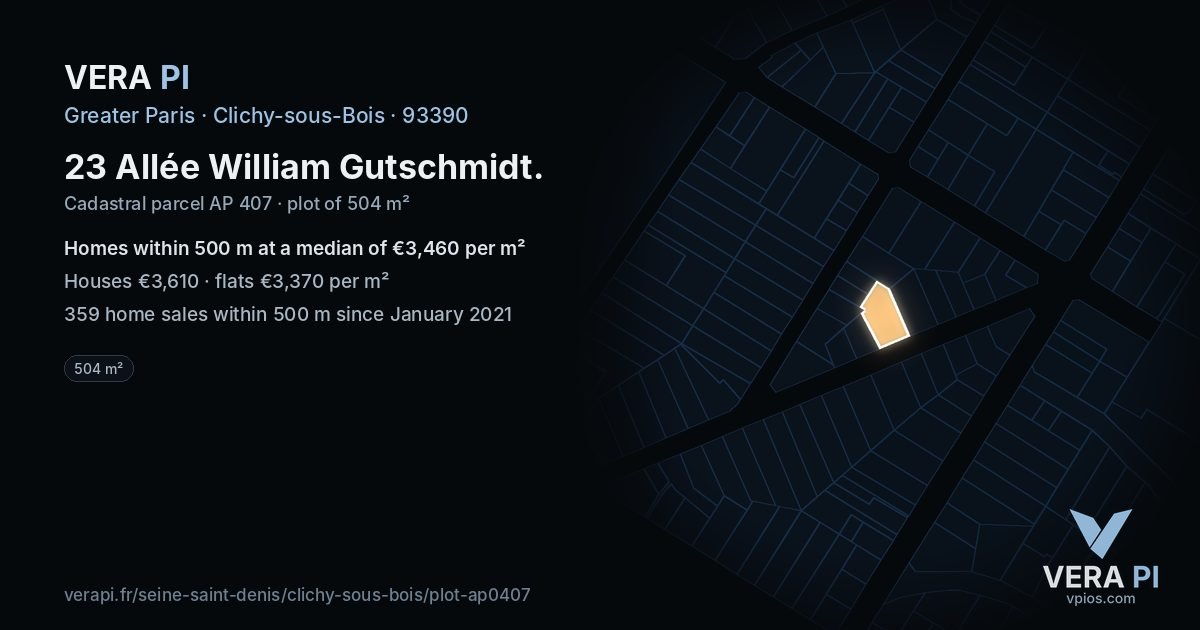 23 Allée William Gutschmidt, Clichy-sous-Bois at night – the plot lit, the parcels around coloured by the prices near them