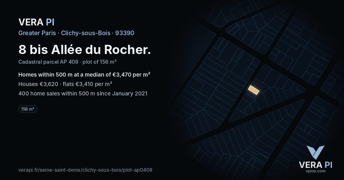 8 bis Allée du Rocher, Clichy-sous-Bois at night – the plot lit, the parcels around coloured by the prices near them