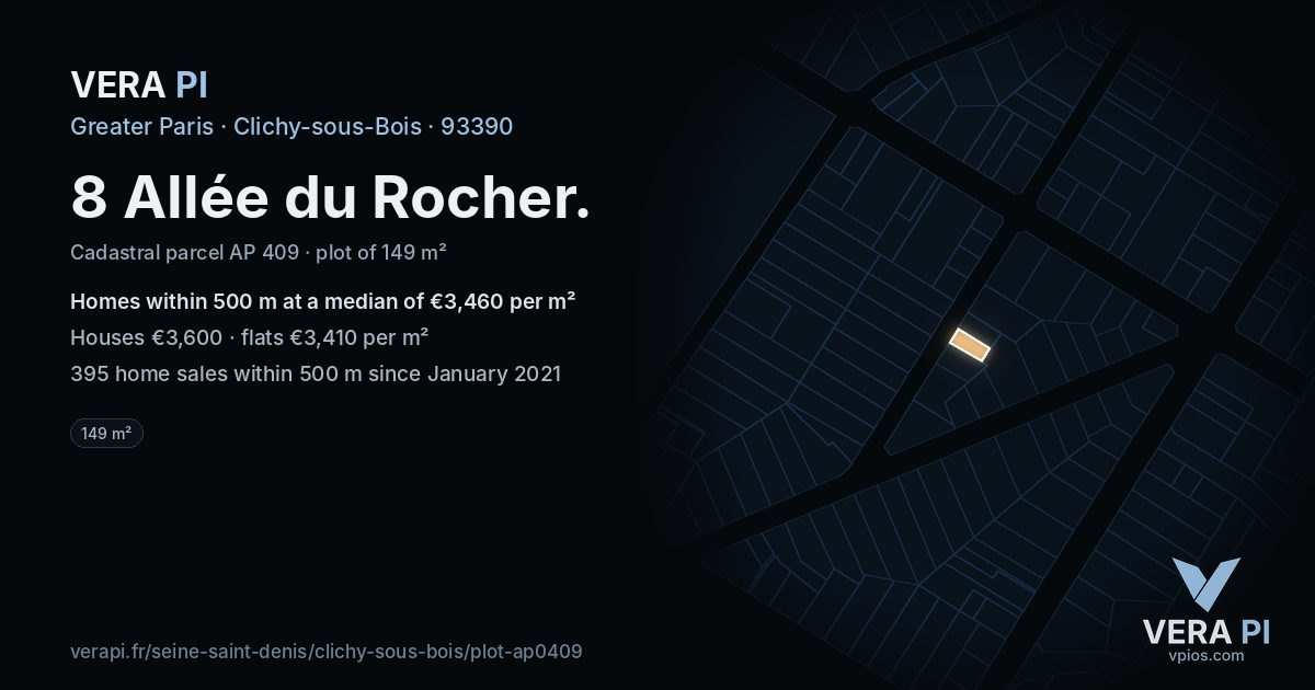 8 Allée du Rocher, Clichy-sous-Bois at night – the plot lit, the parcels around coloured by the prices near them