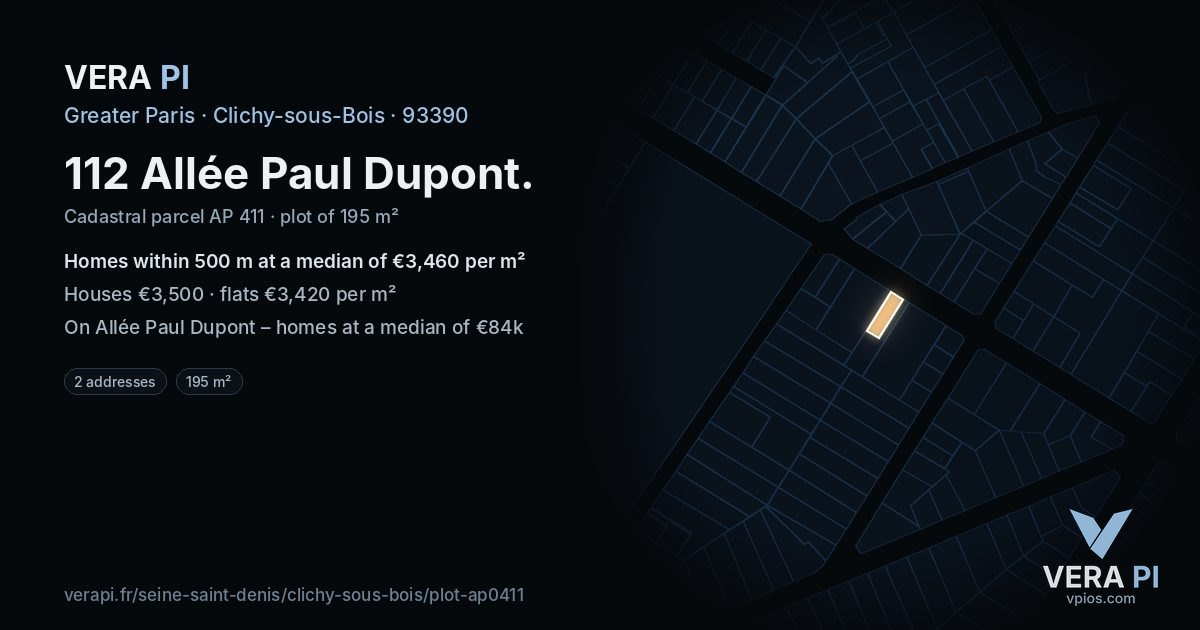112 Allée Paul Dupont, Clichy-sous-Bois at night – the plot lit, the parcels around coloured by the prices near them