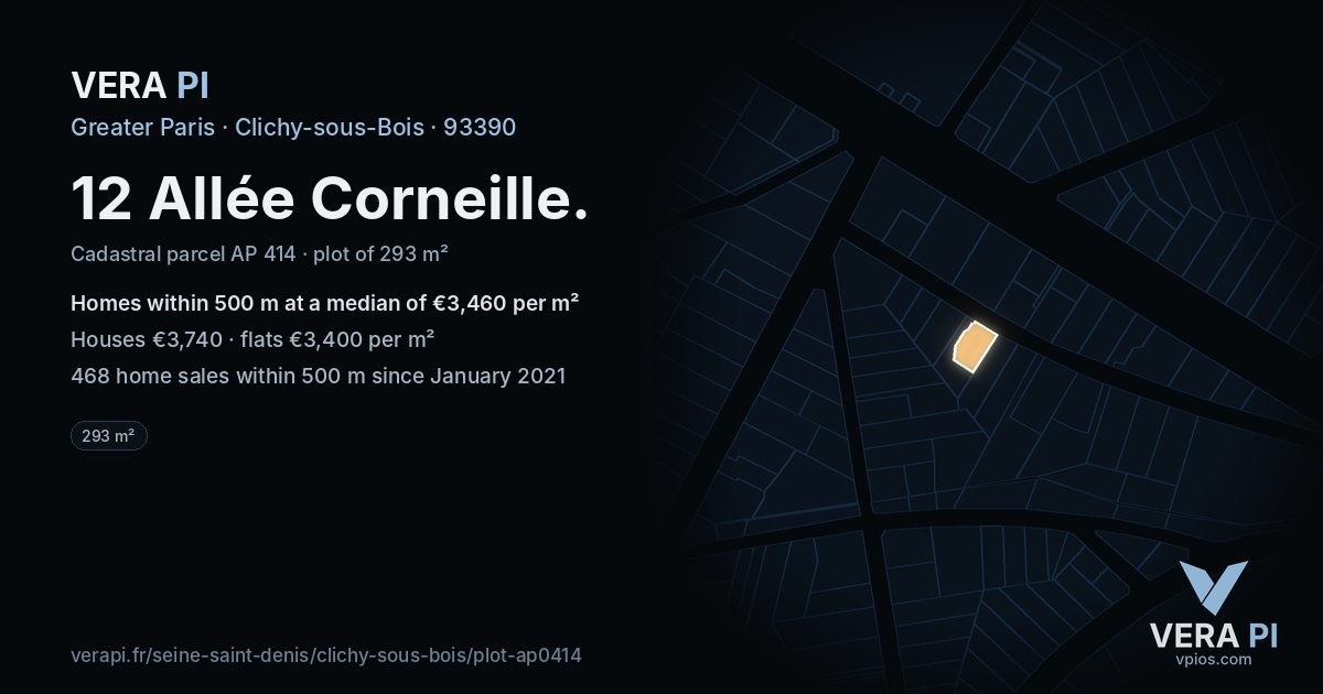 12 Allée Corneille, Clichy-sous-Bois at night – the plot lit, the parcels around coloured by the prices near them