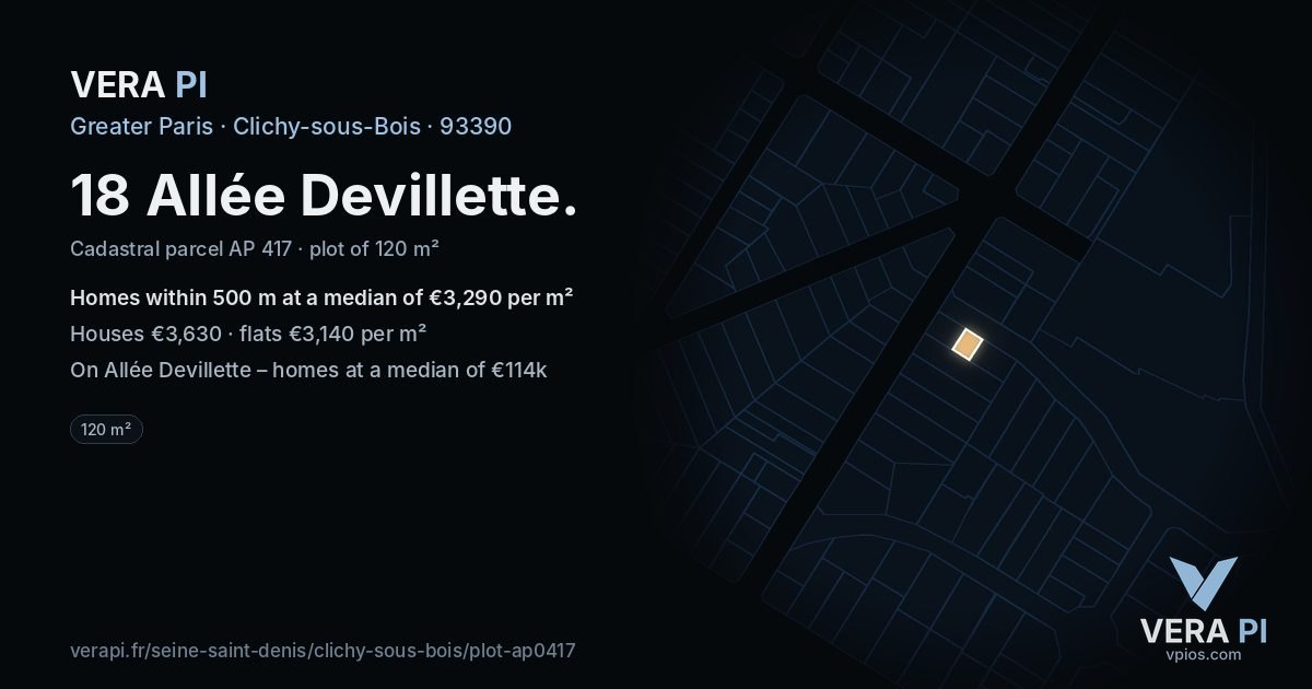 18 Allée Devillette, Clichy-sous-Bois at night – the plot lit, the parcels around coloured by the prices near them