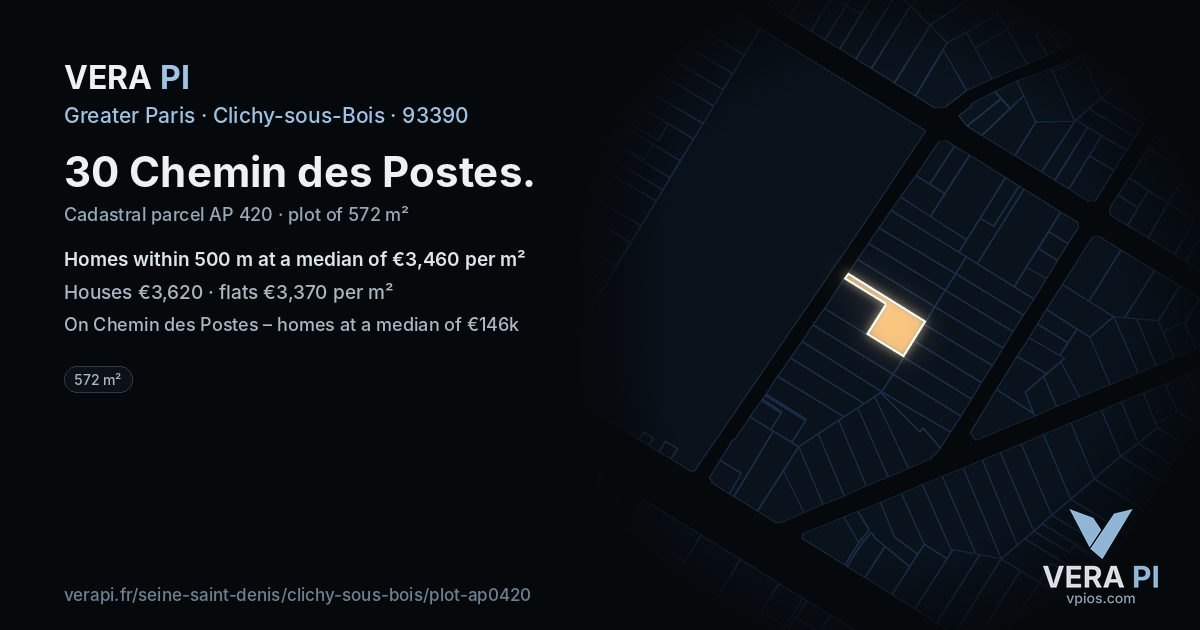 30 Chemin des Postes, Clichy-sous-Bois at night – the plot lit, the parcels around coloured by the prices near them