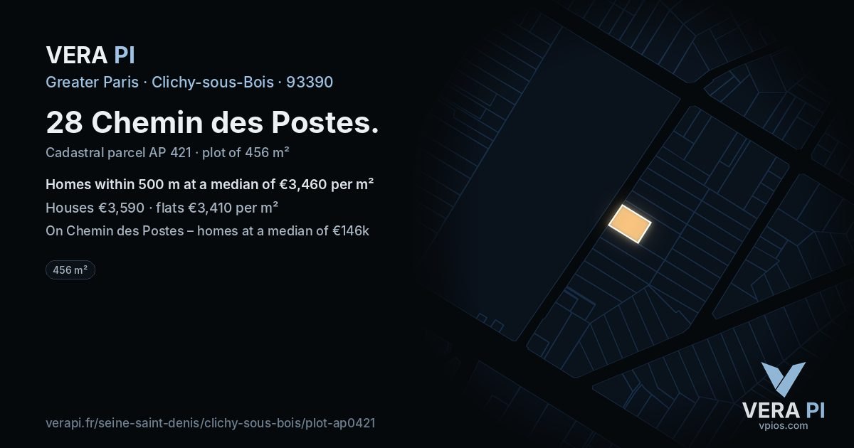 28 Chemin des Postes, Clichy-sous-Bois at night – the plot lit, the parcels around coloured by the prices near them