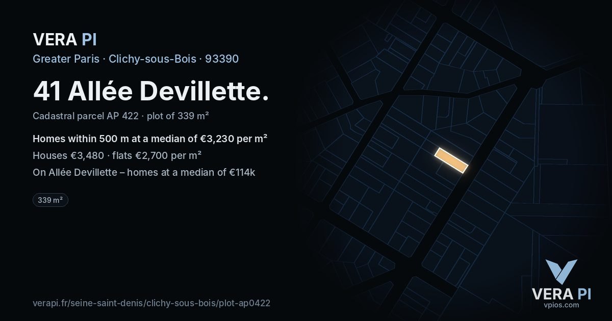 41 Allée Devillette, Clichy-sous-Bois at night – the plot lit, the parcels around coloured by the prices near them