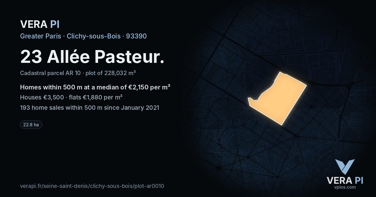 23 Allée Pasteur, Clichy-sous-Bois at night – the plot lit, the parcels around coloured by the prices near them