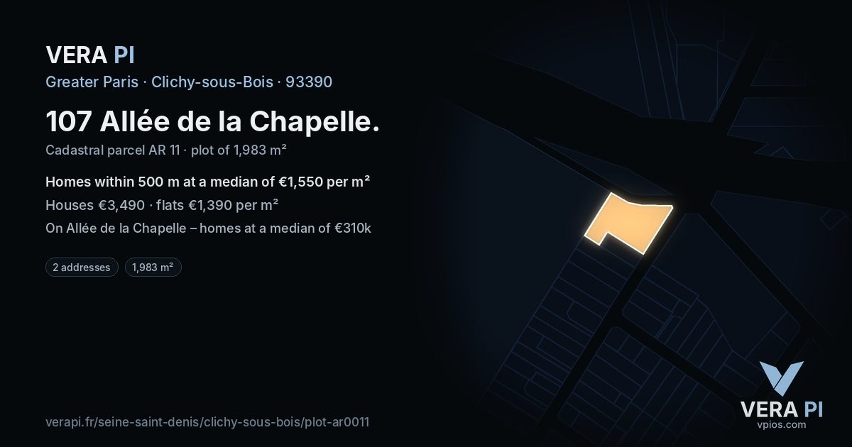 107 Allée de la Chapelle, Clichy-sous-Bois at night – the plot lit, the parcels around coloured by the prices near them