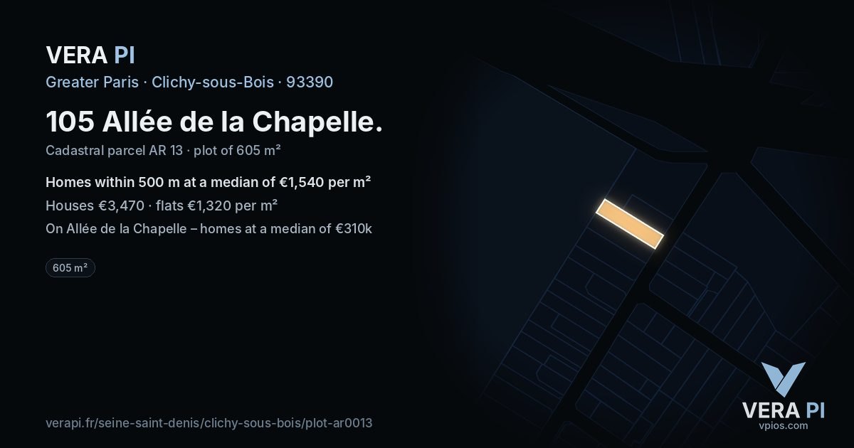 105 Allée de la Chapelle, Clichy-sous-Bois at night – the plot lit, the parcels around coloured by the prices near them
