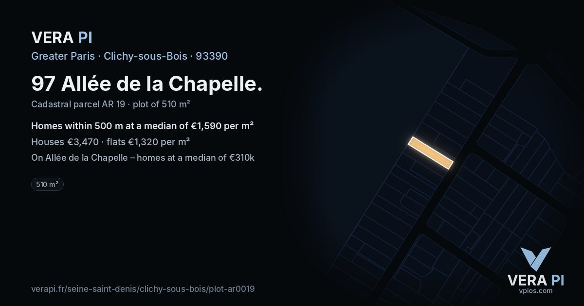 97 Allée de la Chapelle, Clichy-sous-Bois at night – the plot lit, the parcels around coloured by the prices near them