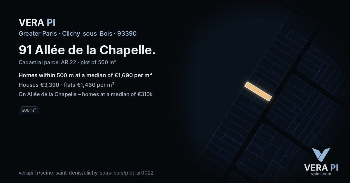 91 Allée de la Chapelle, Clichy-sous-Bois at night – the plot lit, the parcels around coloured by the prices near them
