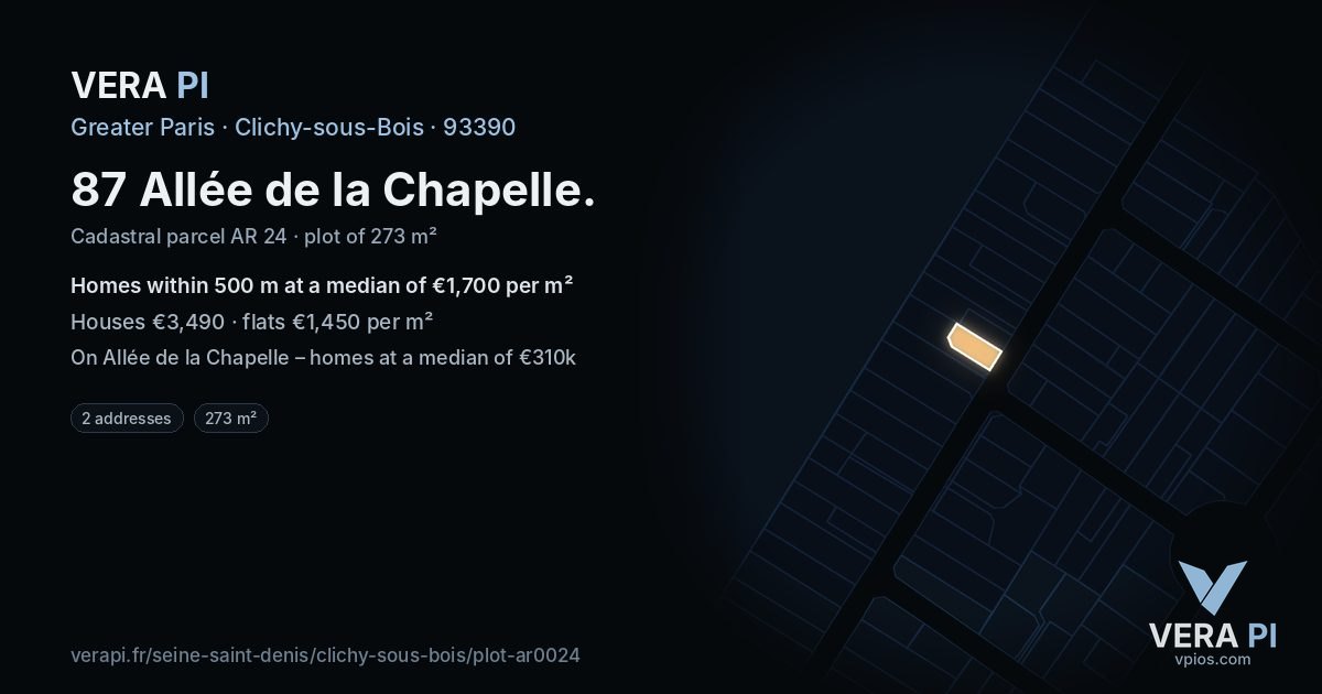 87 Allée de la Chapelle, Clichy-sous-Bois at night – the plot lit, the parcels around coloured by the prices near them