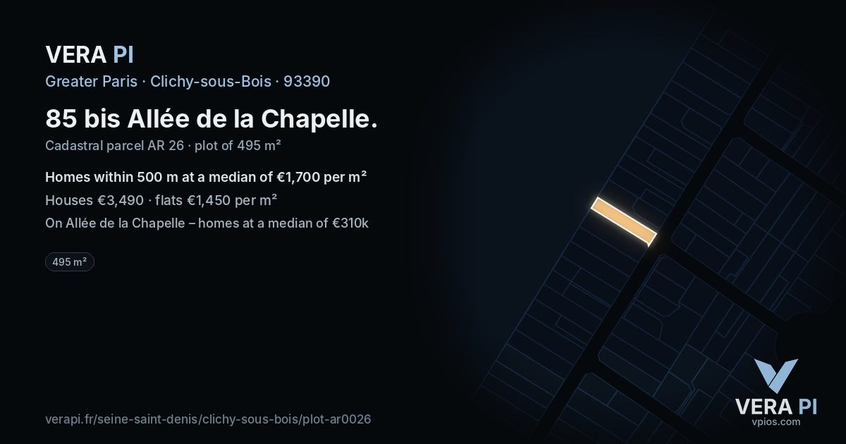85 bis Allée de la Chapelle, Clichy-sous-Bois at night – the plot lit, the parcels around coloured by the prices near them