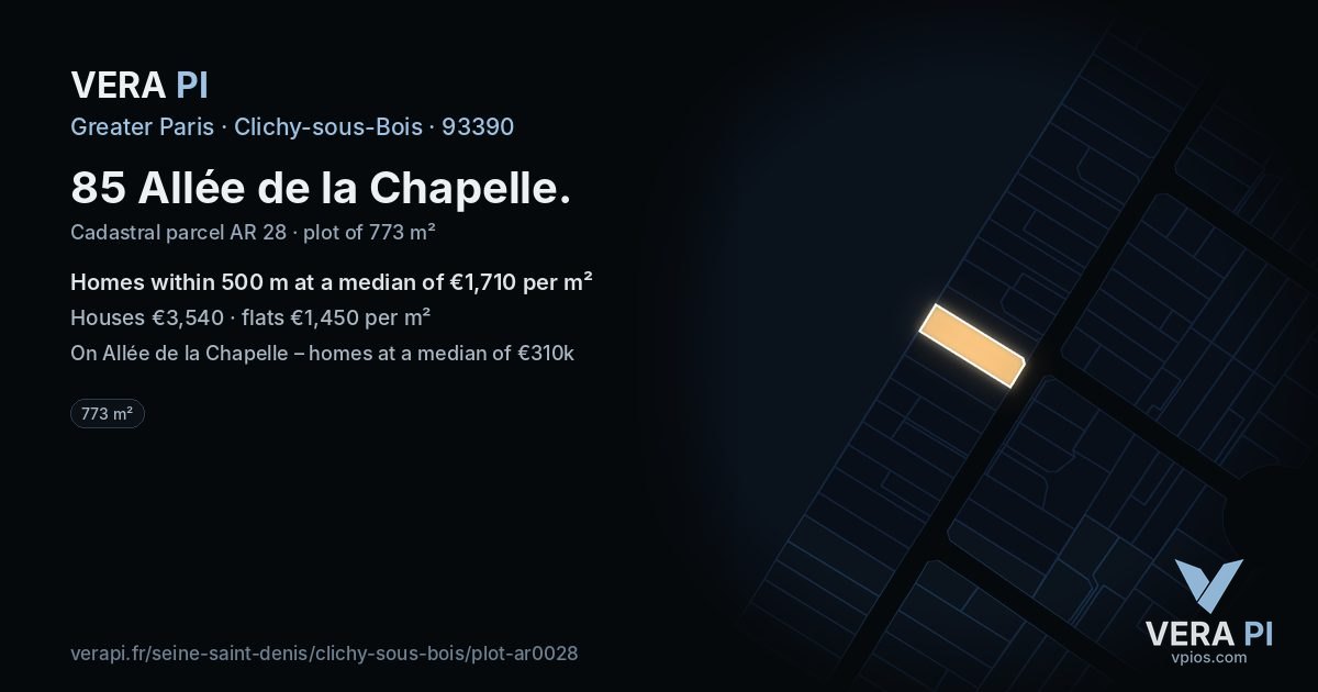 85 Allée de la Chapelle, Clichy-sous-Bois at night – the plot lit, the parcels around coloured by the prices near them