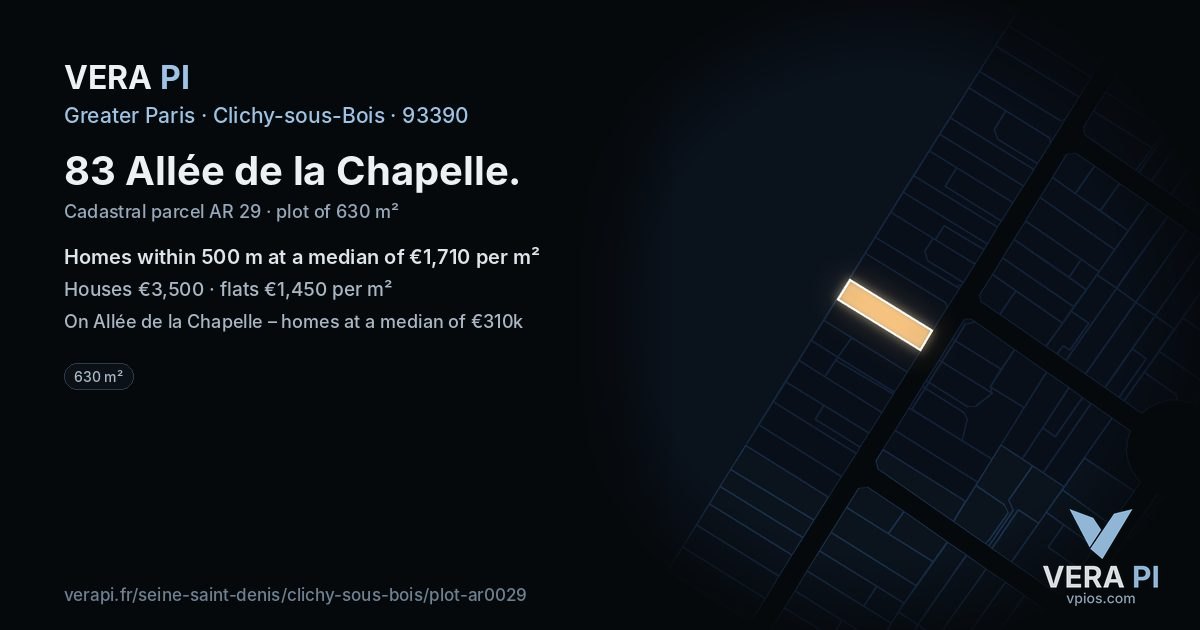 83 Allée de la Chapelle, Clichy-sous-Bois at night – the plot lit, the parcels around coloured by the prices near them