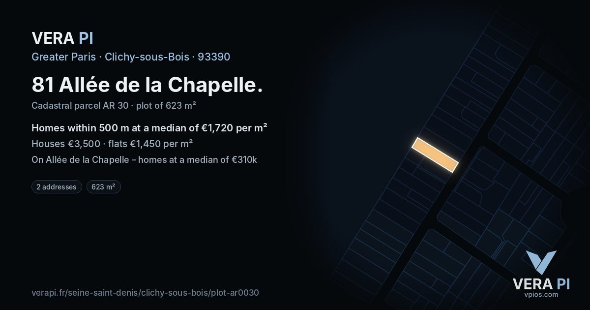 81 Allée de la Chapelle, Clichy-sous-Bois at night – the plot lit, the parcels around coloured by the prices near them