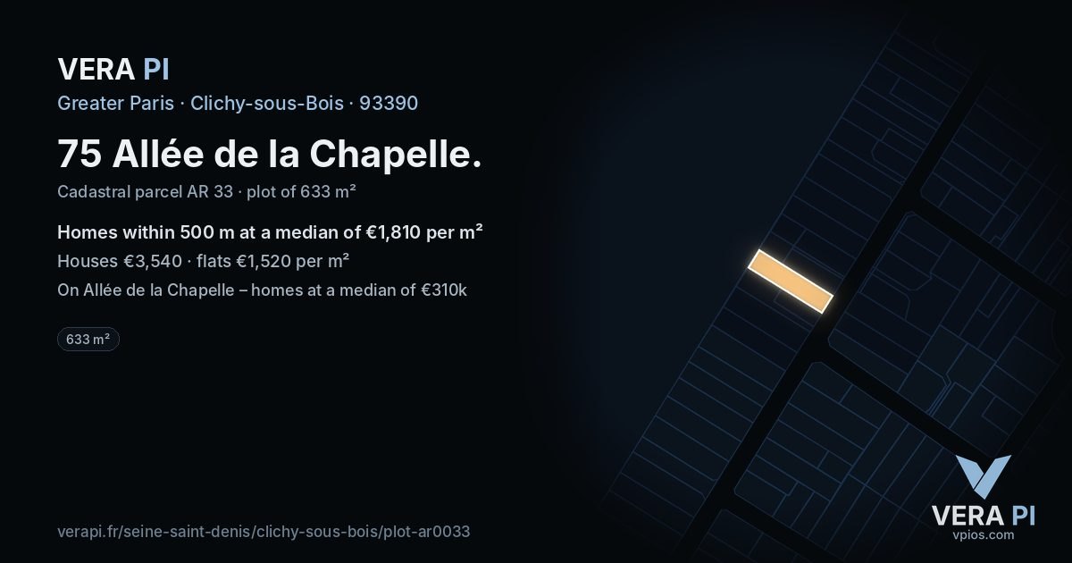 75 Allée de la Chapelle, Clichy-sous-Bois at night – the plot lit, the parcels around coloured by the prices near them