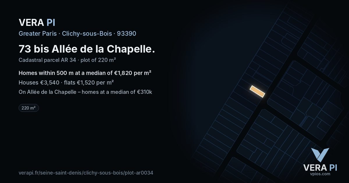 73 bis Allée de la Chapelle, Clichy-sous-Bois at night – the plot lit, the parcels around coloured by the prices near them