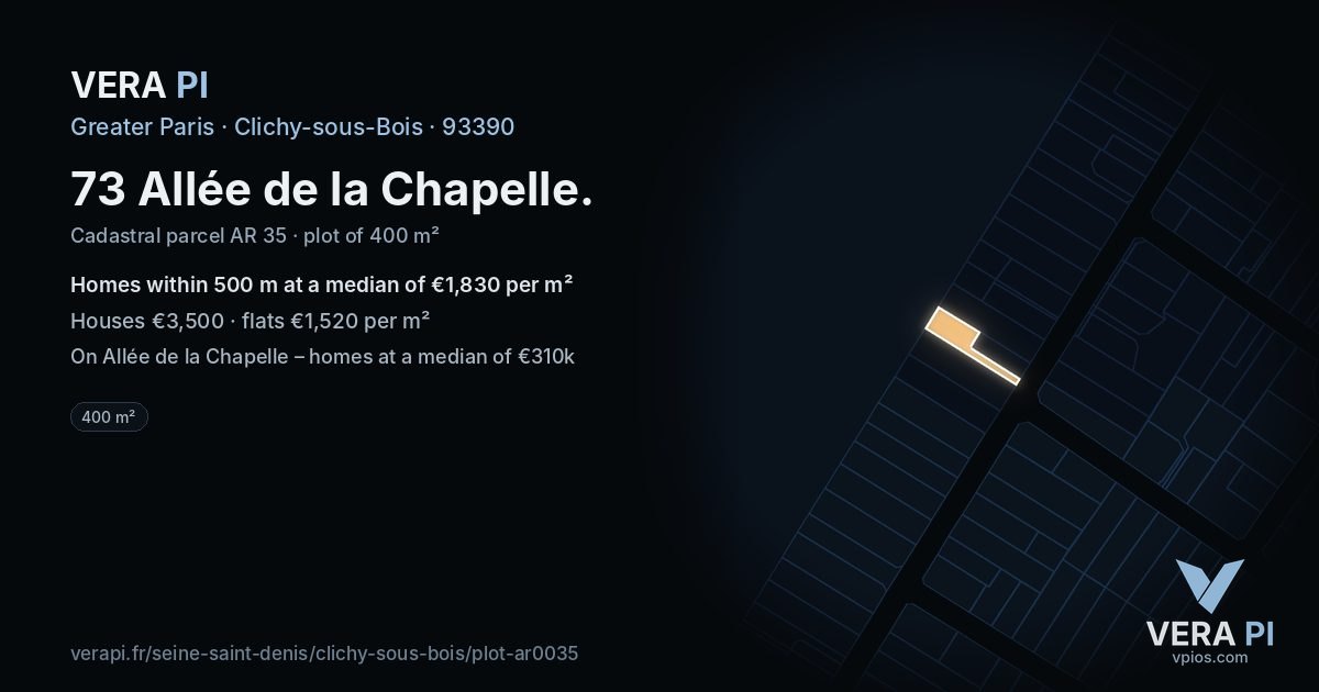 73 Allée de la Chapelle, Clichy-sous-Bois at night – the plot lit, the parcels around coloured by the prices near them