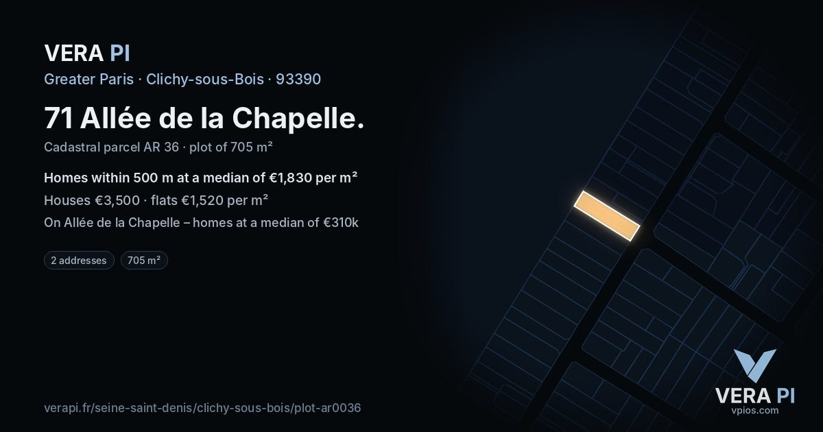 71 Allée de la Chapelle, Clichy-sous-Bois at night – the plot lit, the parcels around coloured by the prices near them
