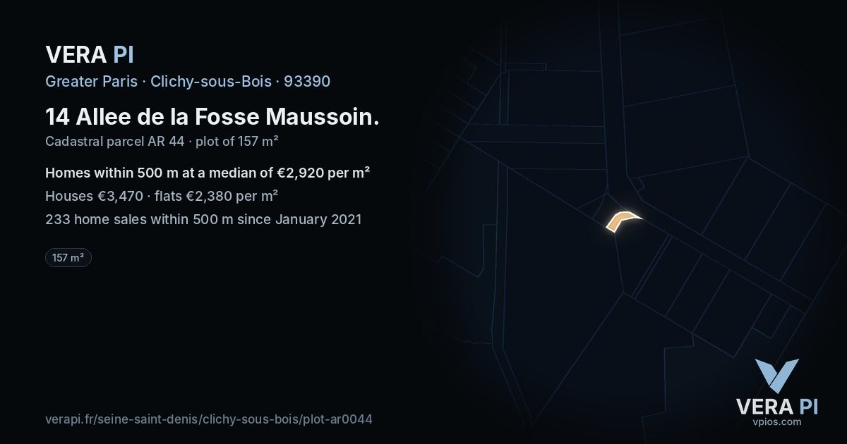 14 Allee de la Fosse Maussoin, Clichy-sous-Bois at night – the plot lit, the parcels around coloured by the prices near them
