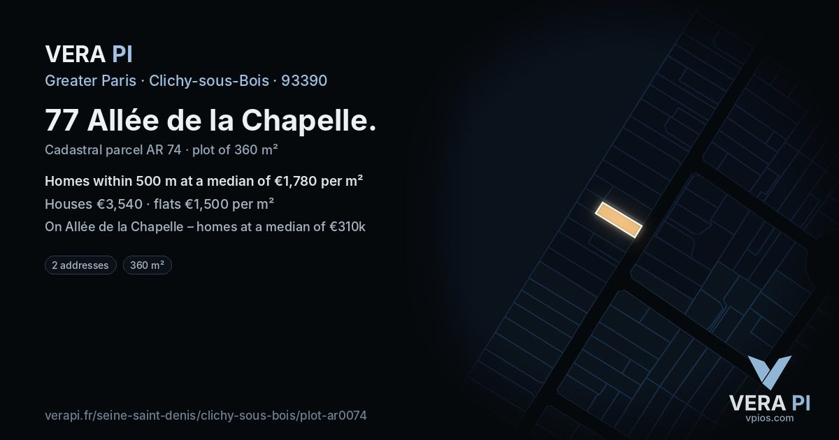 77 Allée de la Chapelle, Clichy-sous-Bois at night – the plot lit, the parcels around coloured by the prices near them