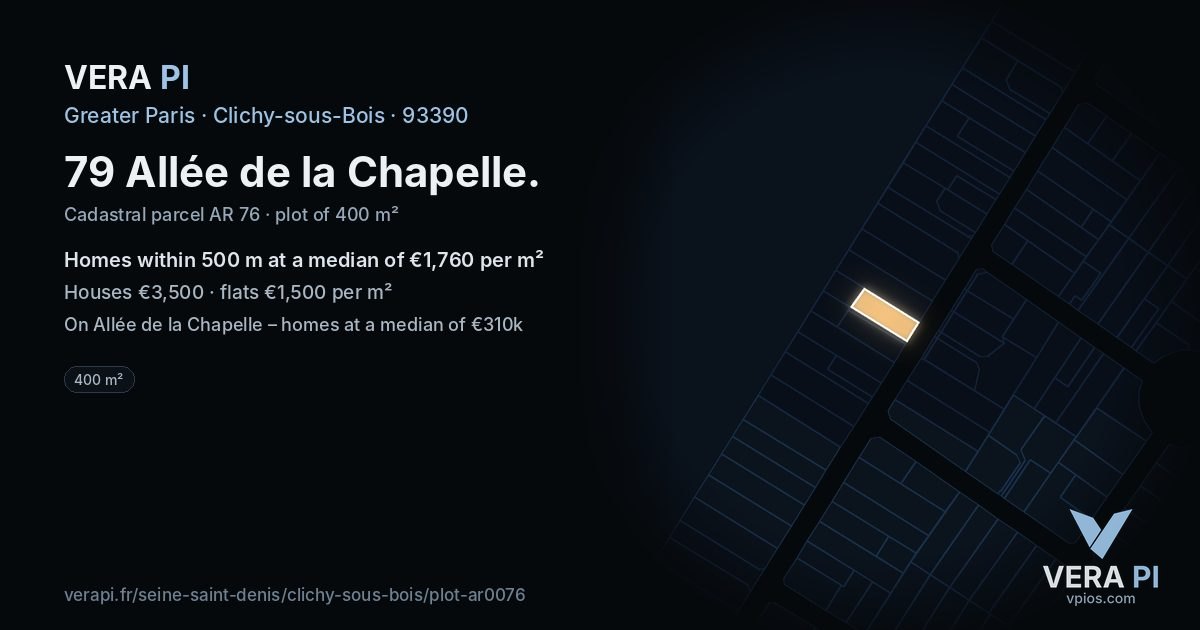 79 Allée de la Chapelle, Clichy-sous-Bois at night – the plot lit, the parcels around coloured by the prices near them