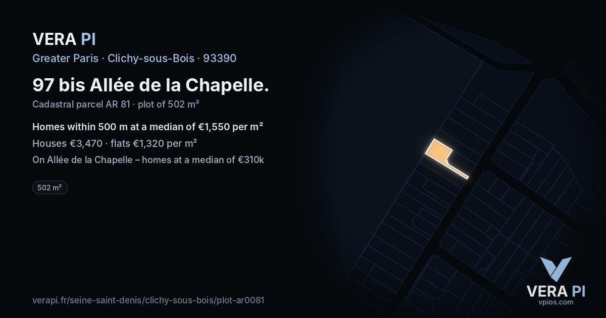 97 bis Allée de la Chapelle, Clichy-sous-Bois at night – the plot lit, the parcels around coloured by the prices near them