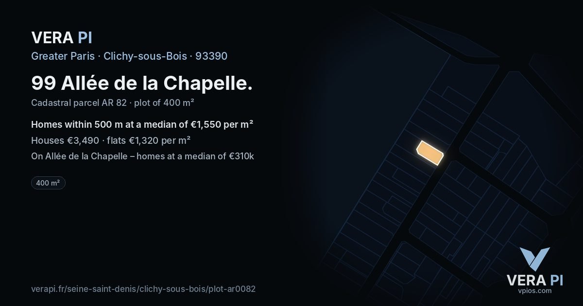 99 Allée de la Chapelle, Clichy-sous-Bois at night – the plot lit, the parcels around coloured by the prices near them