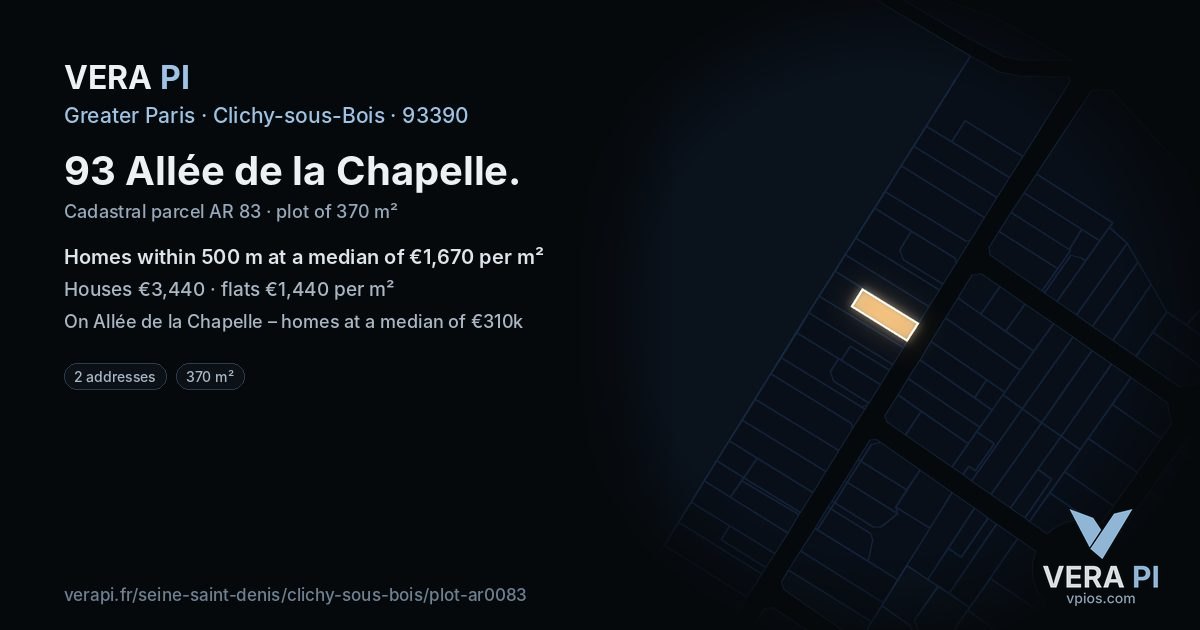 93 Allée de la Chapelle, Clichy-sous-Bois at night – the plot lit, the parcels around coloured by the prices near them