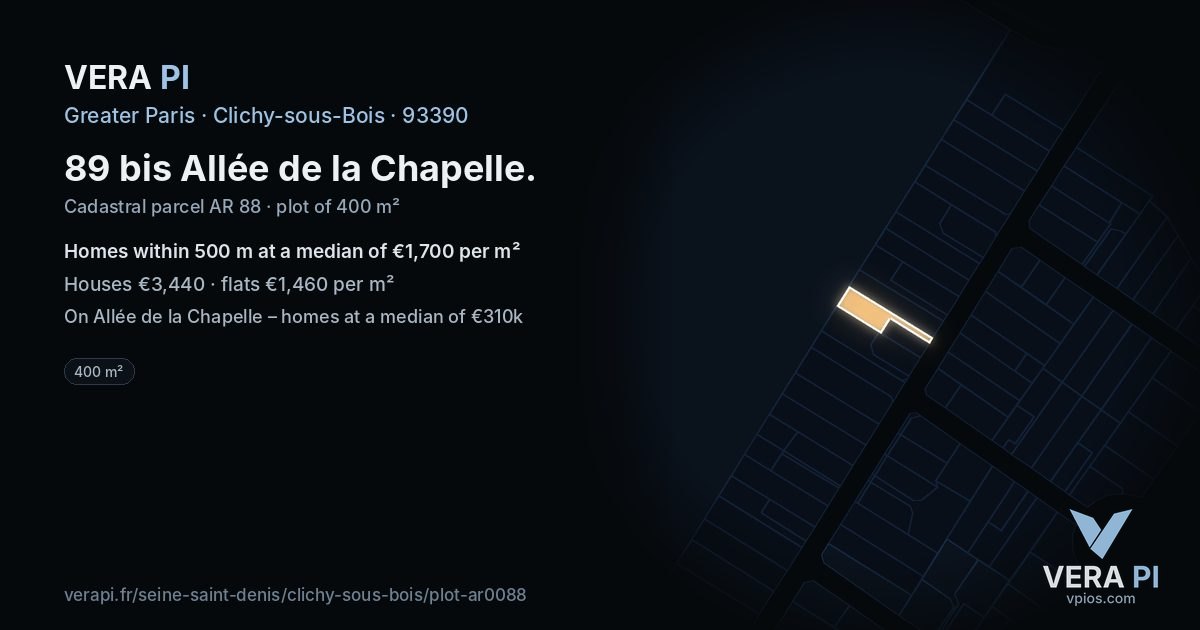 89 bis Allée de la Chapelle, Clichy-sous-Bois at night – the plot lit, the parcels around coloured by the prices near them