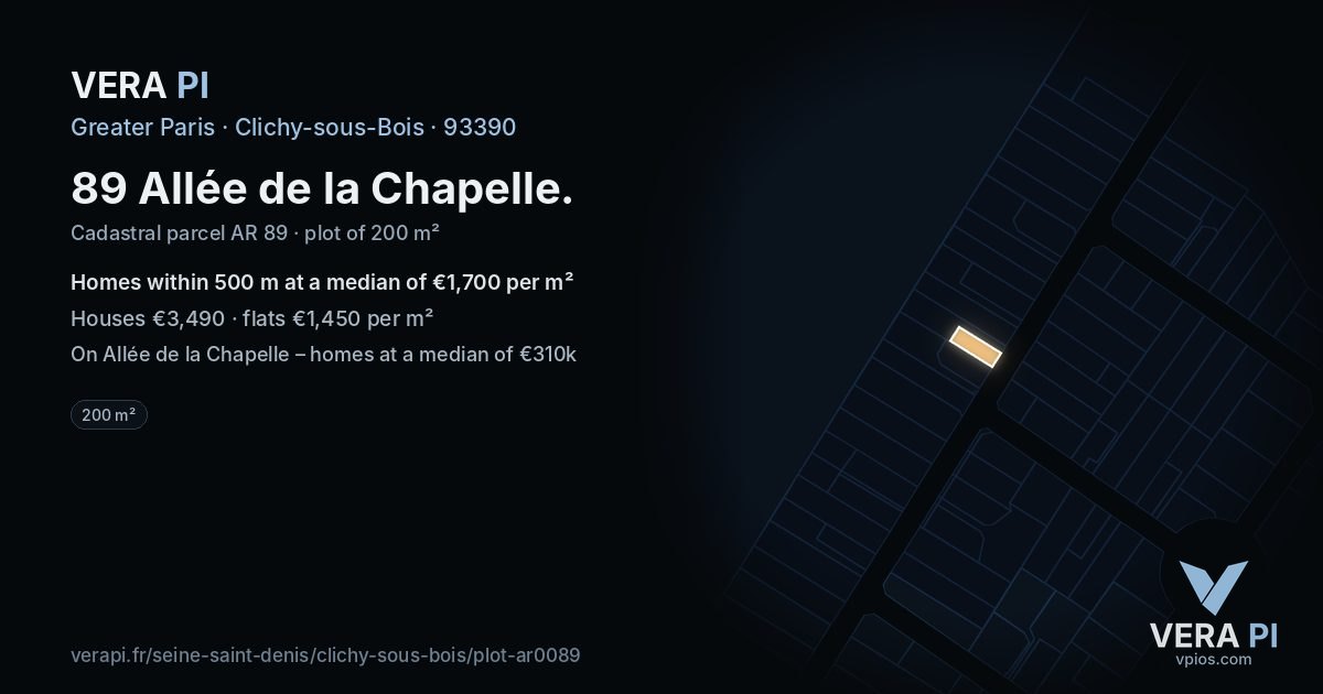 89 Allée de la Chapelle, Clichy-sous-Bois at night – the plot lit, the parcels around coloured by the prices near them