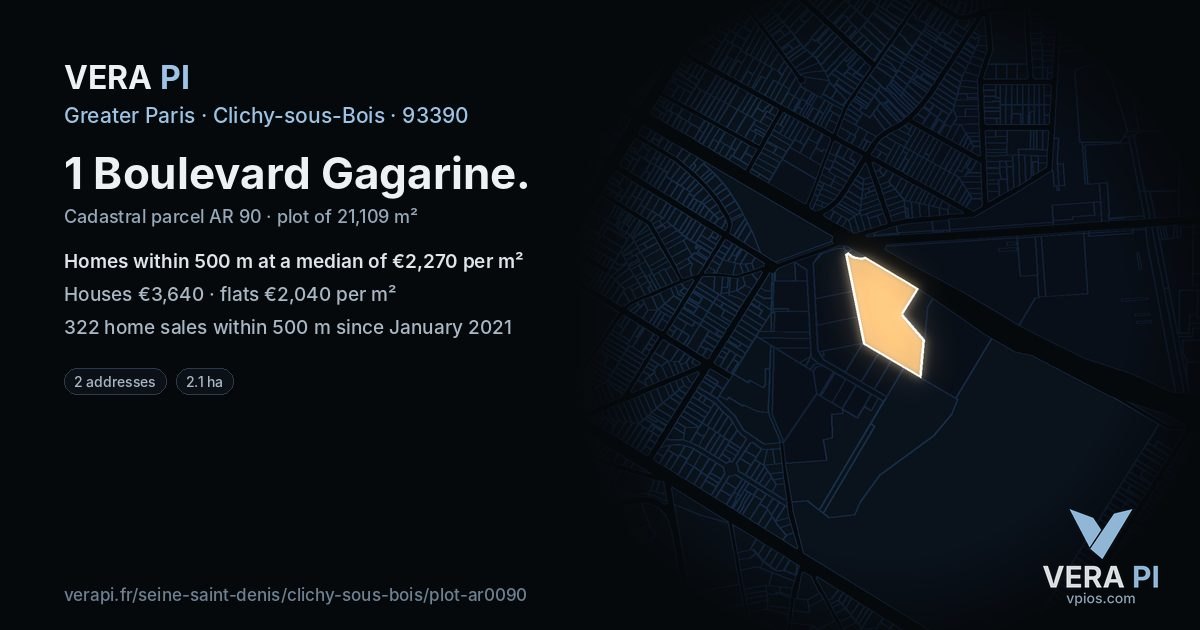 1 Boulevard Gagarine, Clichy-sous-Bois at night – the plot lit, the parcels around coloured by the prices near them