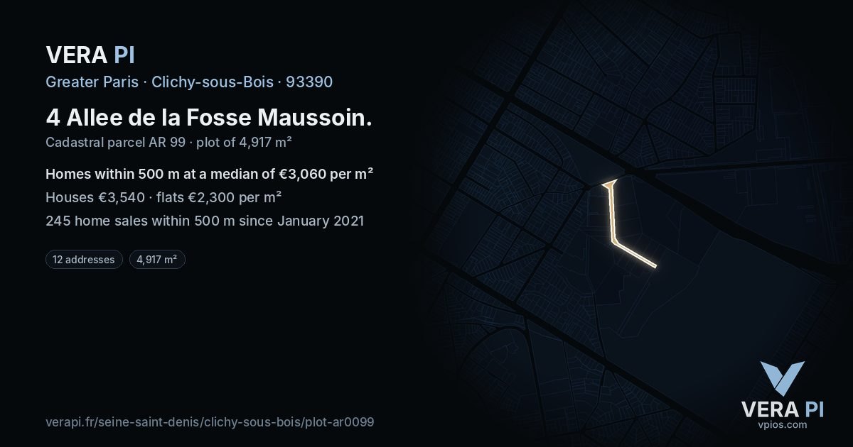 4 Allee de la Fosse Maussoin, Clichy-sous-Bois at night – the plot lit, the parcels around coloured by the prices near them