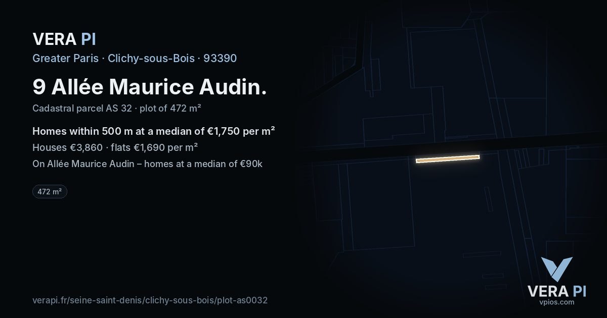 9 Allée Maurice Audin, Clichy-sous-Bois at night – the plot lit, the parcels around coloured by the prices near them